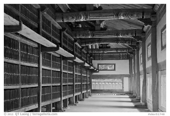 Tripitaka Koreana Woodblocks inside Janggyeong Panjeon, Haeinsa Temple. South Korea (black and white)