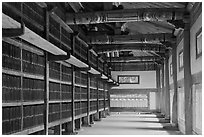 Tripitaka Koreana Woodblocks inside Janggyeong Panjeon, Haeinsa Temple. South Korea (black and white)