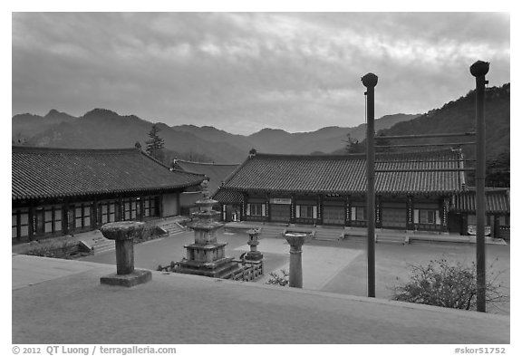 Haeinsa Temple and Gaya Mountains, evening. South Korea (black and white)