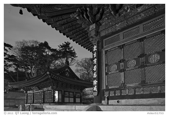 Haeinsa Temple at dusk. South Korea (black and white)