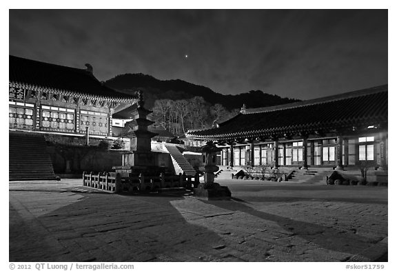 Haeinsa Temple at night. South Korea (black and white)