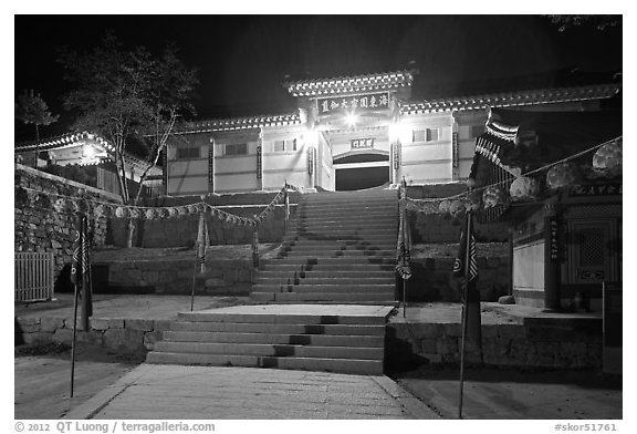 Main gate of Haein-sa Temple at night. South Korea (black and white)