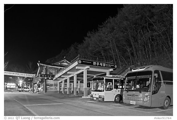 Bus station near Haeinsa at night. South Korea (black and white)