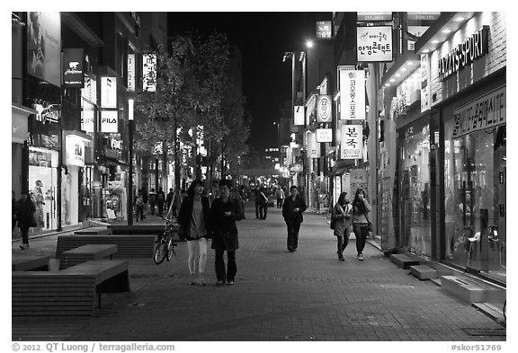 Main shopping street at night. Daegu, South Korea (black and white)