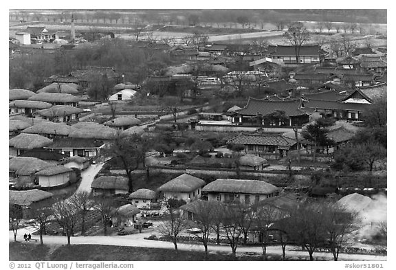 Village seen from above. Hahoe Folk Village, South Korea (black and white)