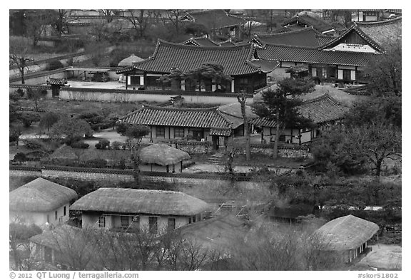 Houses seen from above. Hahoe Folk Village, South Korea (black and white)