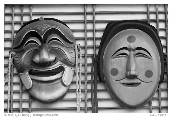 Byeolsingut Masks. Hahoe Folk Village, South Korea (black and white)
