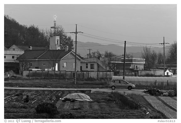 Cultivation and church on outskirts of Andong. South Korea (black and white)