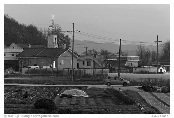 Cultivation and church on outskirts of Andong. South Korea