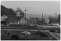 Cultivation and church on outskirts of Andong. South Korea (black and white)