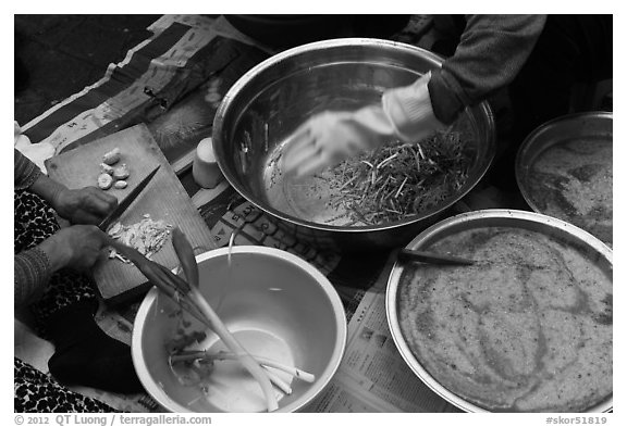 Kimchi preparation. Gyeongju, South Korea (black and white)