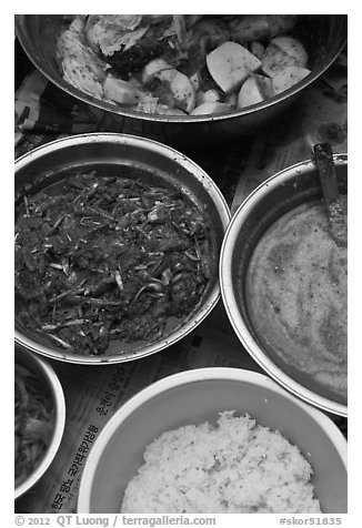 Dishes with kimchee ingredients. Gyeongju, South Korea (black and white)