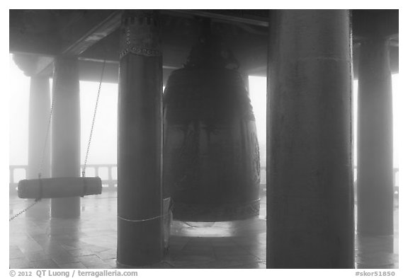 Bell in fog, Seokguram. Gyeongju, South Korea (black and white)