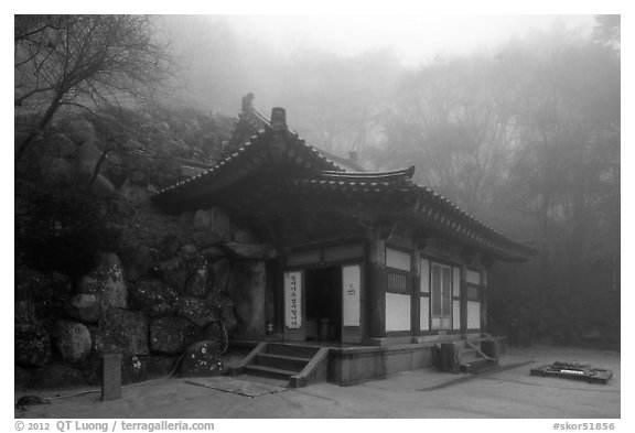 Grotto entrance pavilion in fog, Seokguram. Gyeongju, South Korea (black and white)