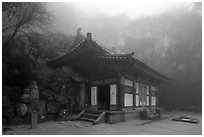Grotto entrance pavilion in fog, Seokguram. Gyeongju, South Korea (black and white)