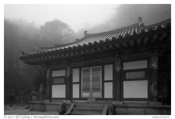 Temple at grotto entrance, Seokguram. Gyeongju, South Korea (black and white)
