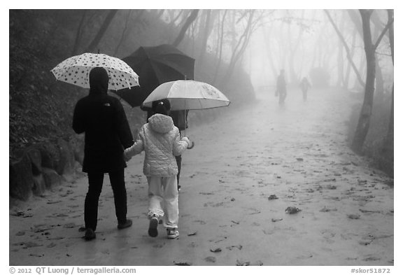 Family walking on misty path, Seokguram. Gyeongju, South Korea (black and white)