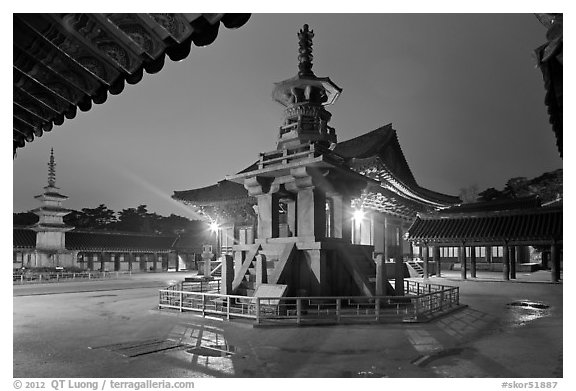 Main courtyard with pagodas by night, Bulguk-sa. Gyeongju, South Korea