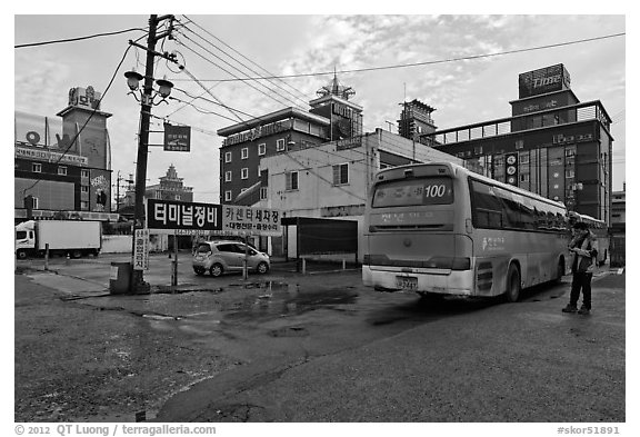 Bus stop and motels. Gyeongju, South Korea (black and white)