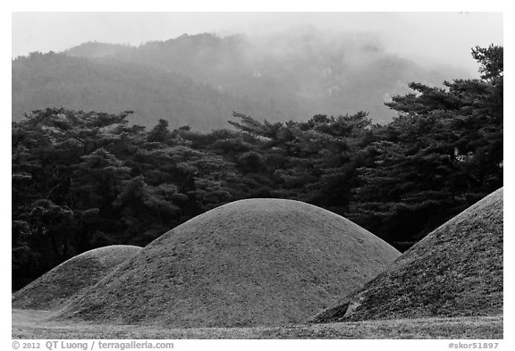 Barrows and misty mountains, Mt Namsan. Gyeongju, South Korea