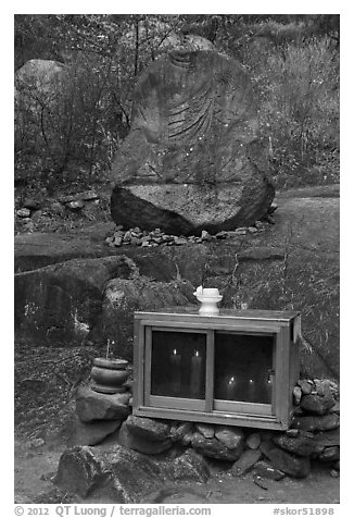 Shrine and carved rock, Namsan Mountain. Gyeongju, South Korea (black and white)