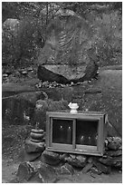 Shrine and carved rock, Namsan Mountain. Gyeongju, South Korea (black and white)