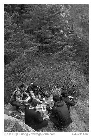 Hikers picniking, Namsan Mountain. Gyeongju, South Korea (black and white)