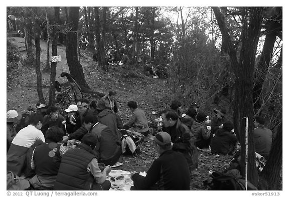 Summit lunch, Geumobong Peak, Mt Namsan. Gyeongju, South Korea (black and white)