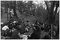 Summit lunch, Geumobong Peak, Mt Namsan. Gyeongju, South Korea (black and white)