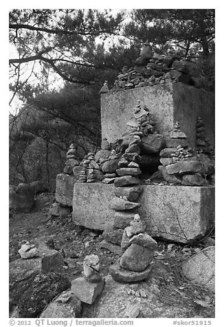 Cairns and monument, Namsan Mountain. Gyeongju, South Korea (black and white)
