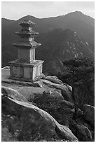 Three storied stone pagoda and mountains, Mt Namsan. Gyeongju, South Korea (black and white)