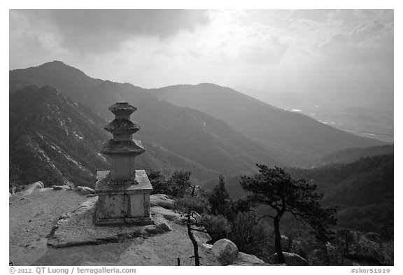 Samnyundaejwabul pagoda and mountain landscape, Namsan Mountain. Gyeongju, South Korea (black and white)