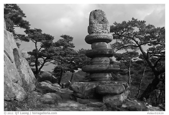 Headless buddha statue on elaborate pedestal, Yongjangsa Valley, Mt Namsan. Gyeongju, South Korea (black and white)
