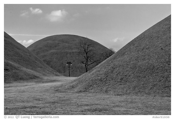 Large burial mounds. Gyeongju, South Korea (black and white)