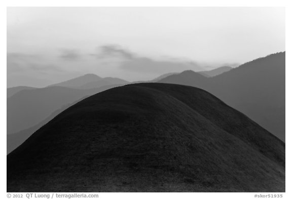 Barrows at sunset. Gyeongju, South Korea (black and white)