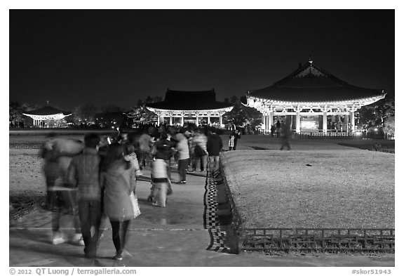 Crowd visiting Anapji Pond at night. Gyeongju, South Korea (black and white)