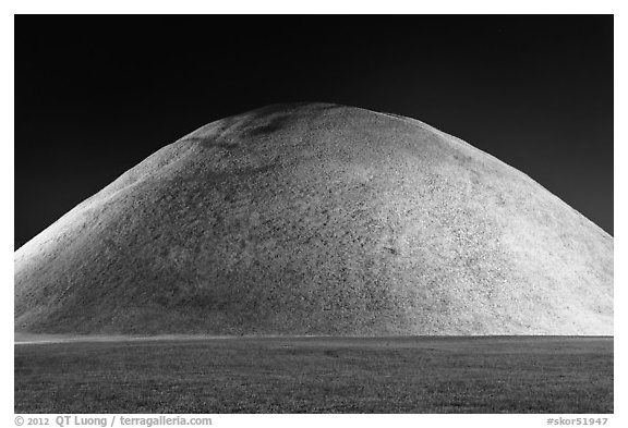 Grassy burial mound at night. Gyeongju, South Korea (black and white)