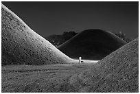 Burial mounds and tombs at night. Gyeongju, South Korea (black and white)