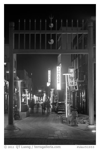 Gate and street with lights at night. Gyeongju, South Korea