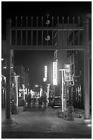 Gate and street with lights at night. Gyeongju, South Korea (black and white)