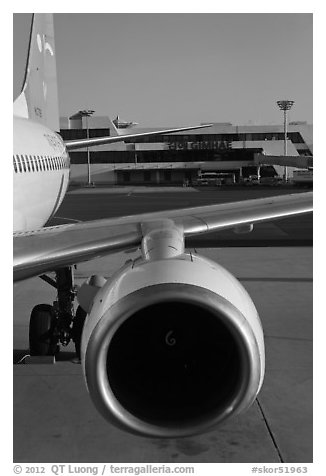 Jet engine, Gimhae International Airport, Busan. South Korea (black and white)