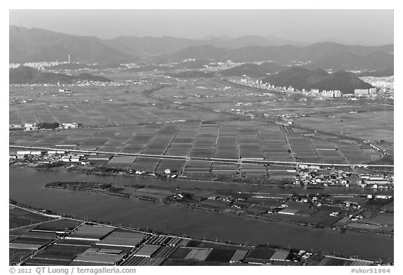 Aerial view of fileds and high rises, Busan. South Korea