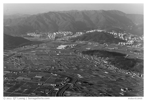 Aerial view of fileds and residential towers, Busan. South Korea (black and white)
