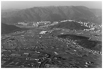 Aerial view of fileds and residential towers, Busan. South Korea (black and white)