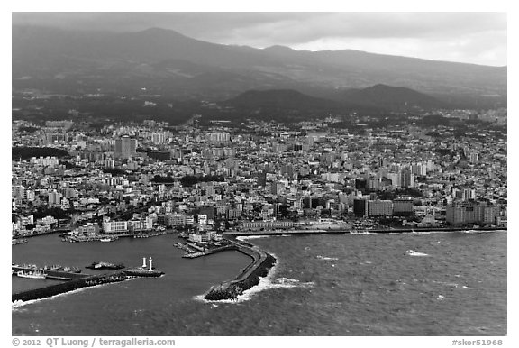 Aerial view of Jeju-Si. Jeju Island, South Korea (black and white)