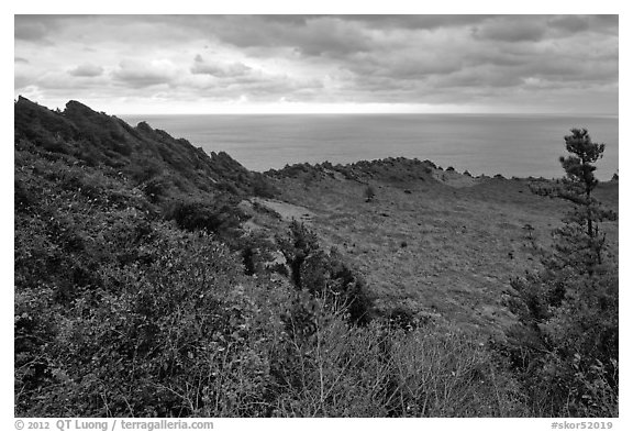 View over crater and ocean,  Seongsang Ilchulbong. Jeju Island, South Korea (black and white)