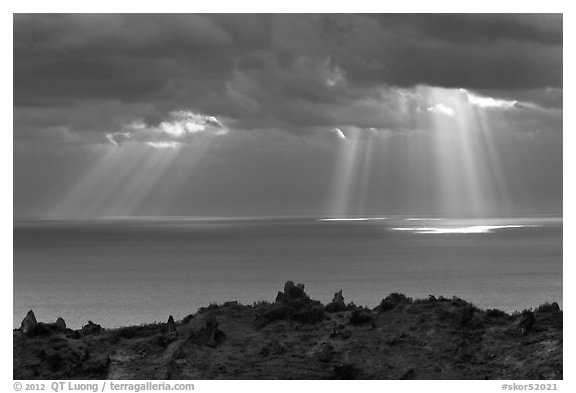 Gods rays and Ilchulbong rim. Jeju Island, South Korea (black and white)