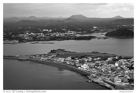 Seongsang Ilchulbong and volcanoes from above. Jeju Island, South Korea (black and white)