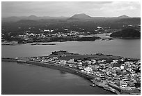 Seongsang Ilchulbong and volcanoes from above. Jeju Island, South Korea (black and white)