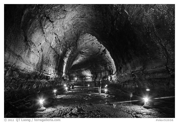 Manjanggul Lava cave with visitor standing. Jeju Island, South Korea